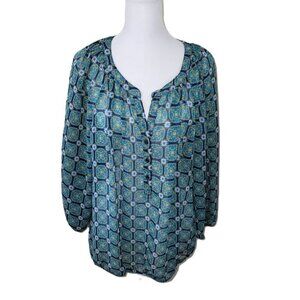 Liz Claiborne Green Blue Print Popover 3/4 Sleeve Boho Chiffon Blouse Women SZ L